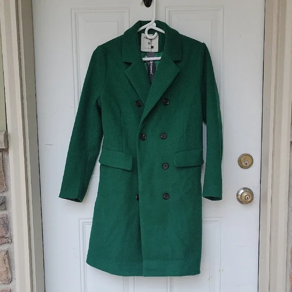 🍀 Women's Green Double-Breasted Lapel Coat, Knee Length - Picture 4 of 11